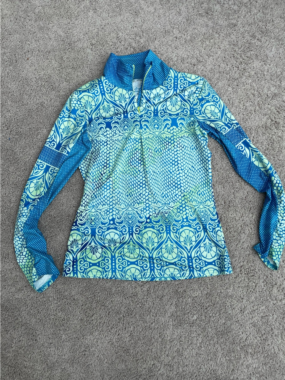 PrAna Blue Green Mandala Polka Dot Quarter Zip Pullover